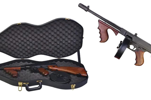 Thompson-style submachine gun with wooden stock and drum magazine beside an open violin-shaped case holding another