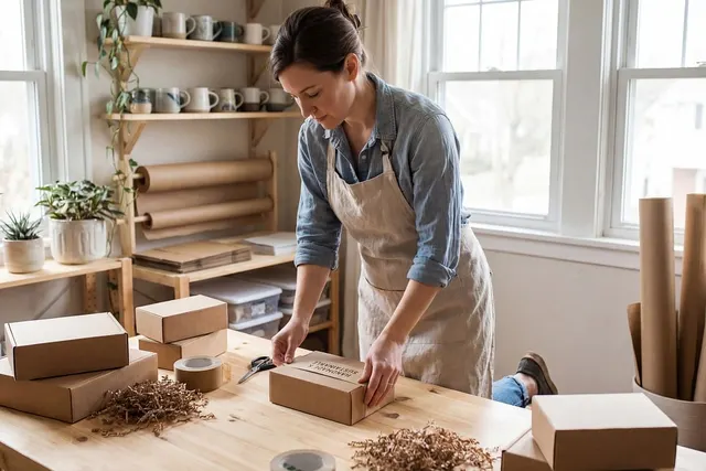Woman in an apron packing kraft shipping boxes at a wooden table in a bright home studio with mugs on shelves