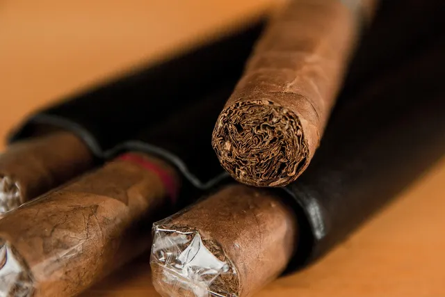 Close-up of premium cigars, some in clear cellophane wrappers, resting on black leather cases on a wooden surface