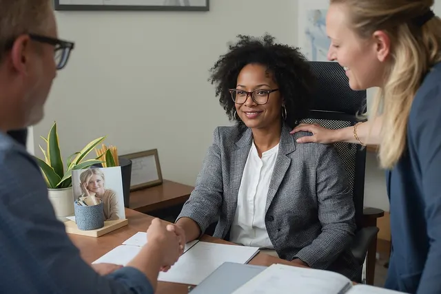 Smiling woman in glasses and gray blazer shakes hands across a desk with a man as a colleague rests a hand on her shoulder