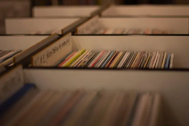 Rows of vinyl records in wooden bins at a record shop, with a handwritten divider label in soft warm light