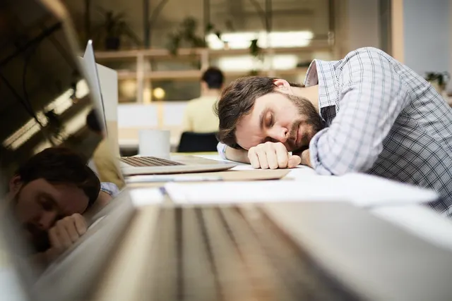 Exhausted bearded man in a plaid shirt asleep with his head on a desk beside open laptops in a bright office