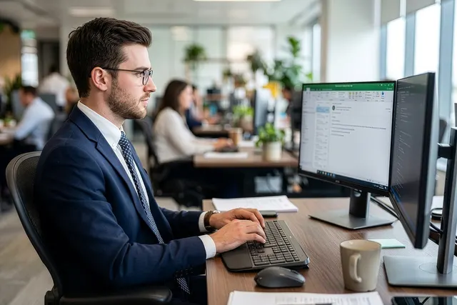 Man in a navy suit and glasses typing at a desk with dual monitors showing a spreadsheet in a busy open-plan office