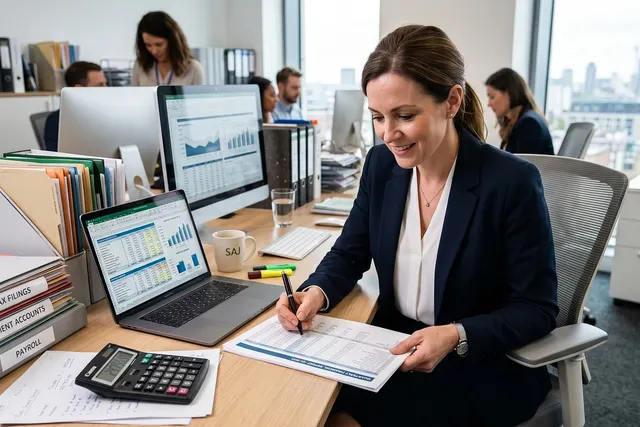 Smiling accountant in a navy blazer reviews printed financial reports at a desk with a laptop, calculator and tax files