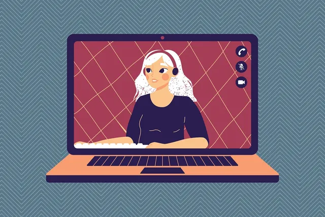 Illustration of a support agent with a headset on a laptop video call screen, with call, mute and camera icons