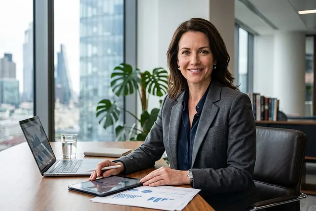 Smiling businesswoman in a gray blazer at an office desk with a laptop, tablet and financial charts, city skyline behind