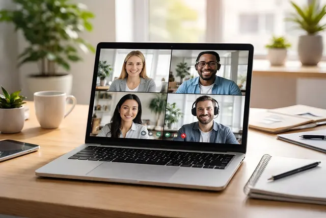 Laptop on a wooden desk showing a video call with four smiling remote team members, beside a coffee mug and notebooks