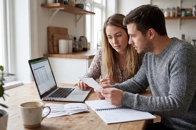 Man and woman at a wooden kitchen table reviewing a paper receipt beside a laptop showing a spreadsheet