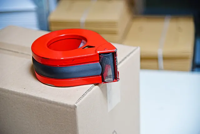 Red packing tape dispenser on a sealed cardboard shipping box, with stacks of flat cardboard boxes behind