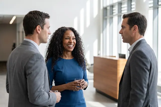 Smiling woman in a blue dress holding a glass talks with two men in gray suits in a bright, modern office lobby